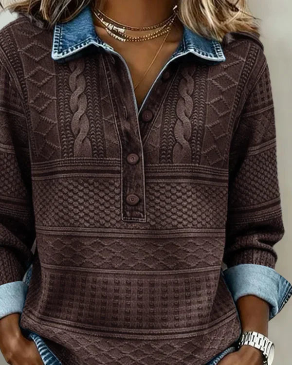 Velmora™ | Textured Knit Button-Collar Top
