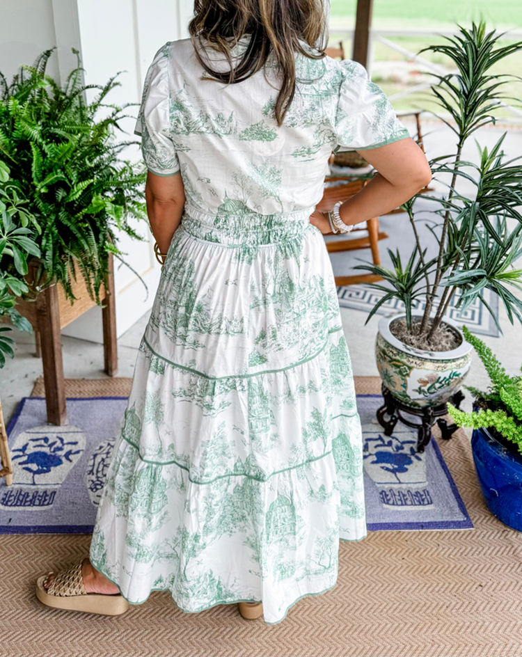 Marcelline| Timeless Toile Maxi – Elegant Flattering Comfort with Effortless Flow