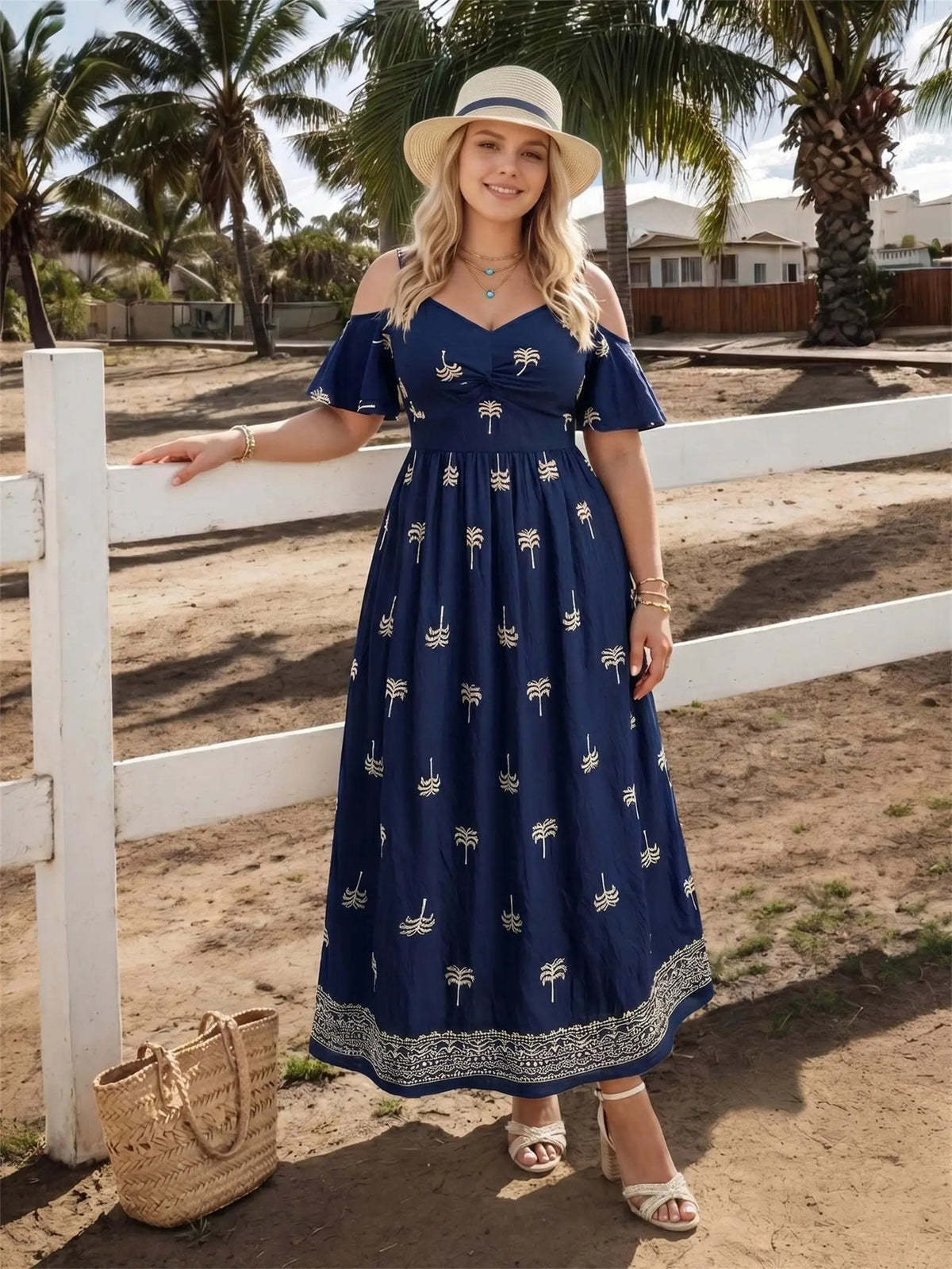 Women's Navy Embroidered Off Shoulder Maxi Dress