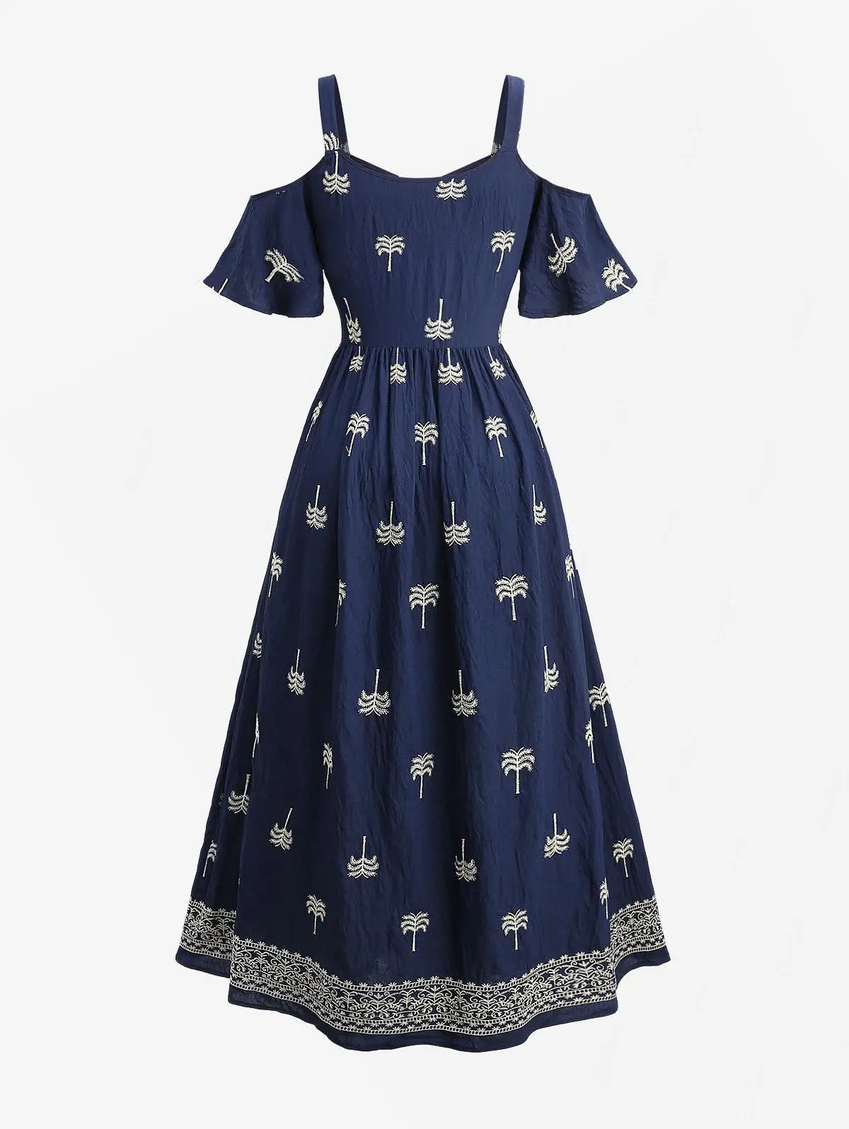 Women's Navy Embroidered Off Shoulder Maxi Dress