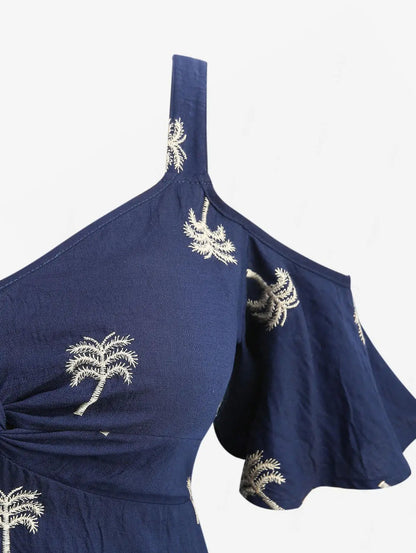 Women's Navy Embroidered Off Shoulder Maxi Dress
