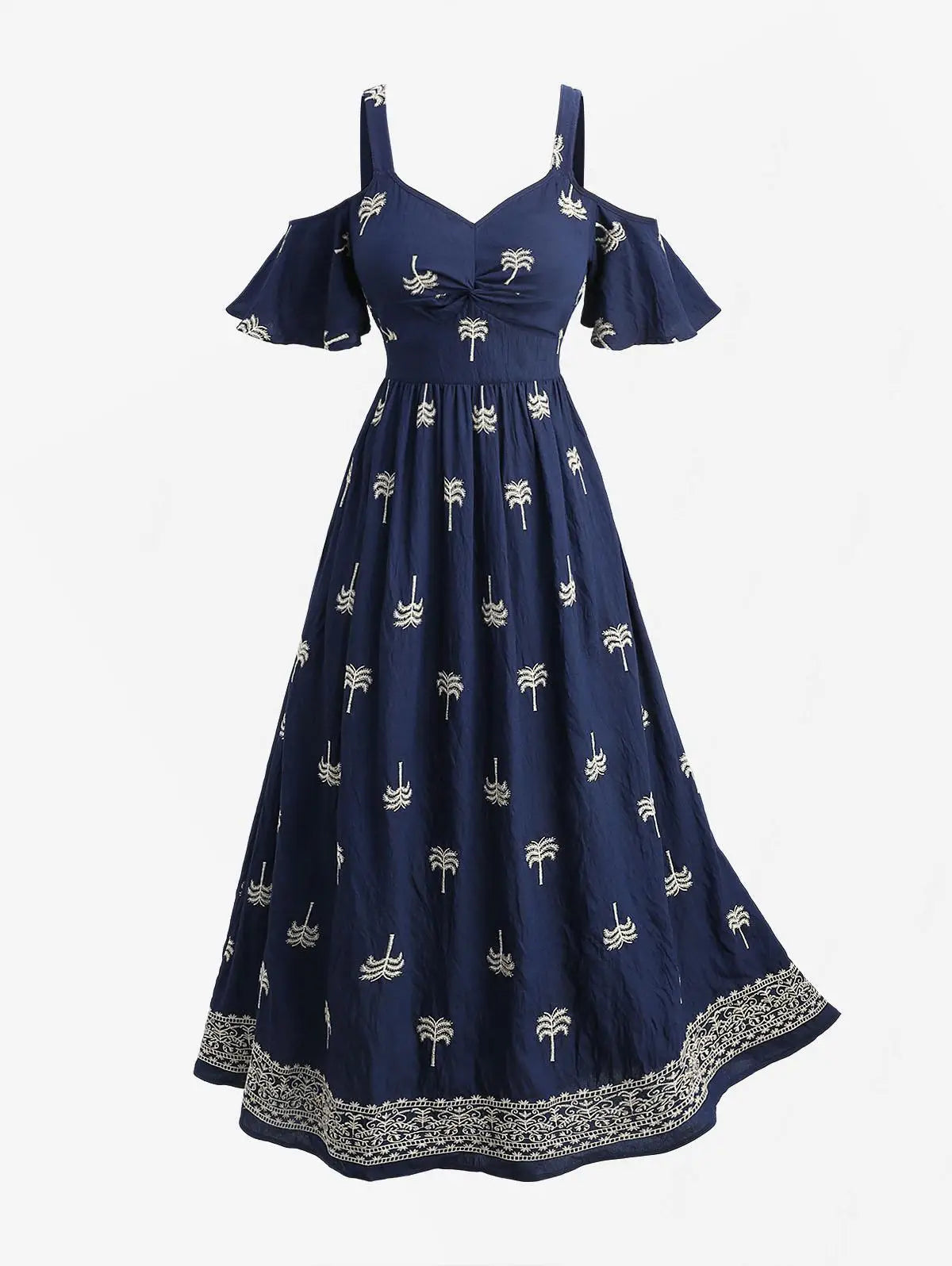Women's Navy Embroidered Off Shoulder Maxi Dress