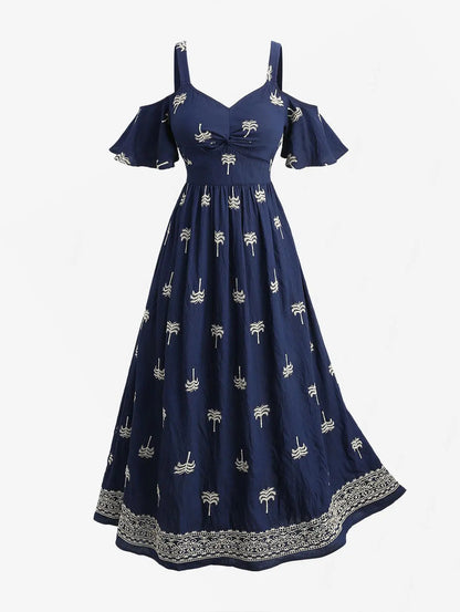 Women's Navy Embroidered Off Shoulder Maxi Dress