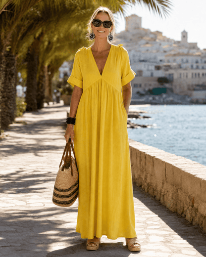 Women's Oversized Linen V-Neck Maxi Dress