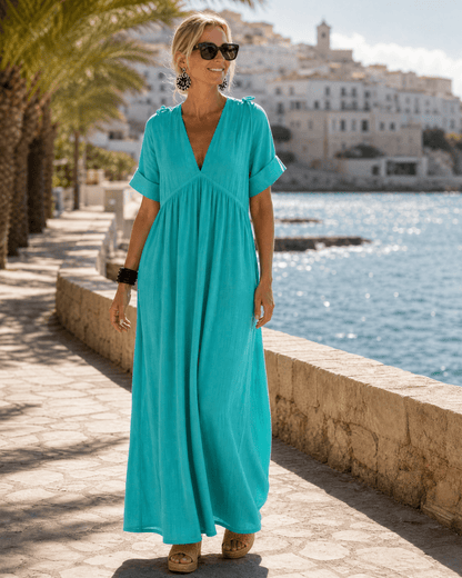 Women's Oversized Linen V-Neck Maxi Dress