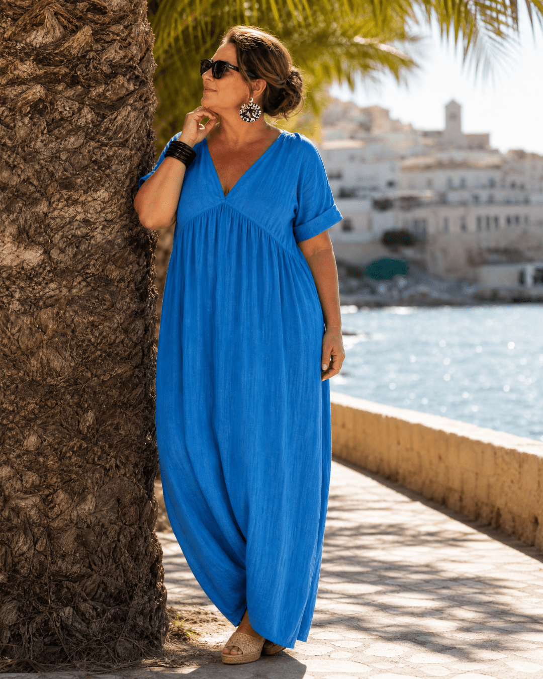 Women's Oversized Linen V-Neck Maxi Dress